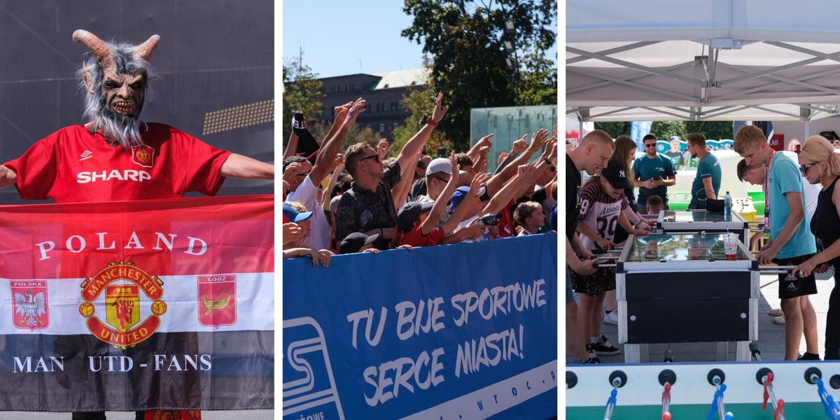 Zdjęcie podzielone na trzy części: z lewej - kibic Mancheteru United z flagą fan-klubu w masce diabła; w środku - tłum kibiców wznosi ręce do góry; z prawej grupa osób gra w piłkarzyki na Placu Wolności w strefie kibica.