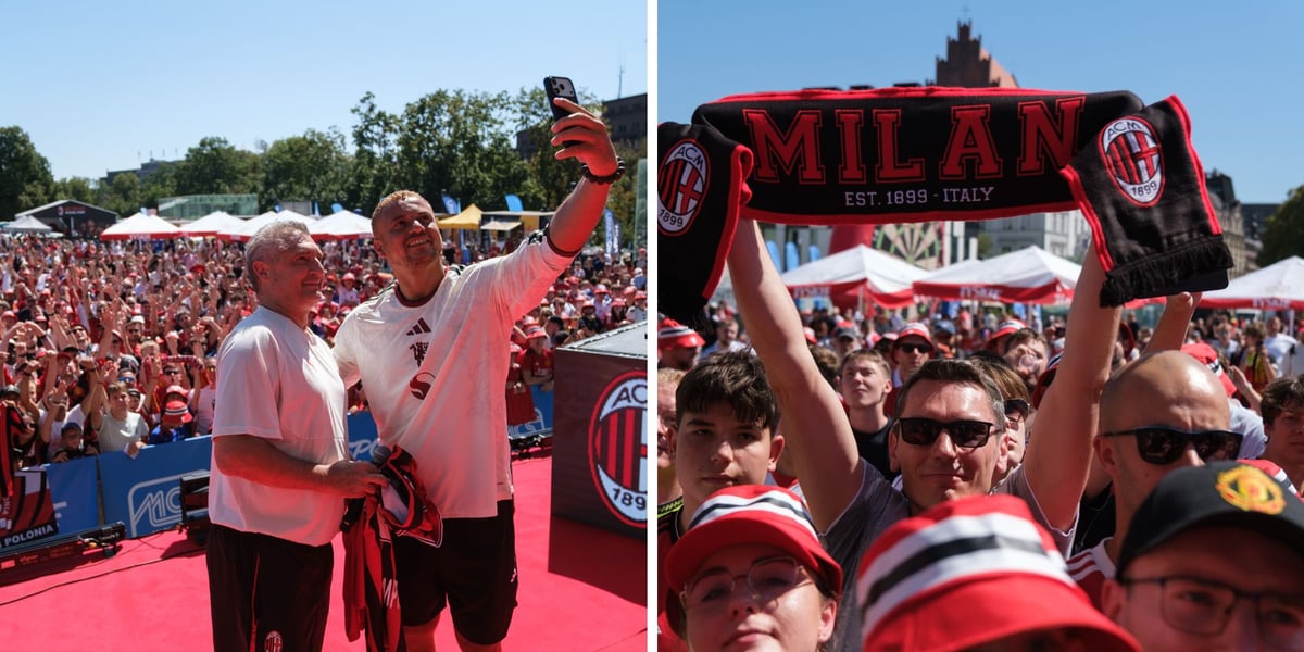 Wes Brown i Daniele Massaro robią zdjęcie na scenie, za nimi kibice | mężczyzna z szalikiem Milanu i inne osoby zgromadzone na Placu Wolności | 15 sierpnia 2026