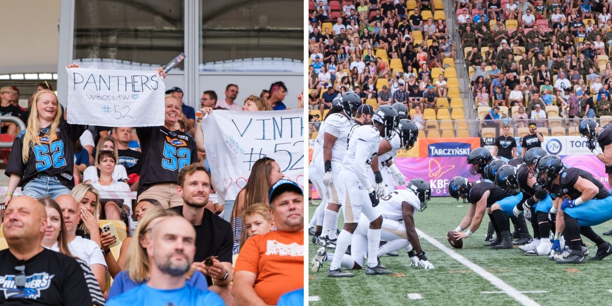Zdjęcie podzielone na pół: z lewej grupa kibiców Panthers Wrocław  z transparentami na trybunach; z prawej - zawodnicy dwóch drużyn futbolu amerykańskiego przy wznowieniu gry - mecz Panthers Wrocław - London Warriors, 16 sierpnia 2026 r.