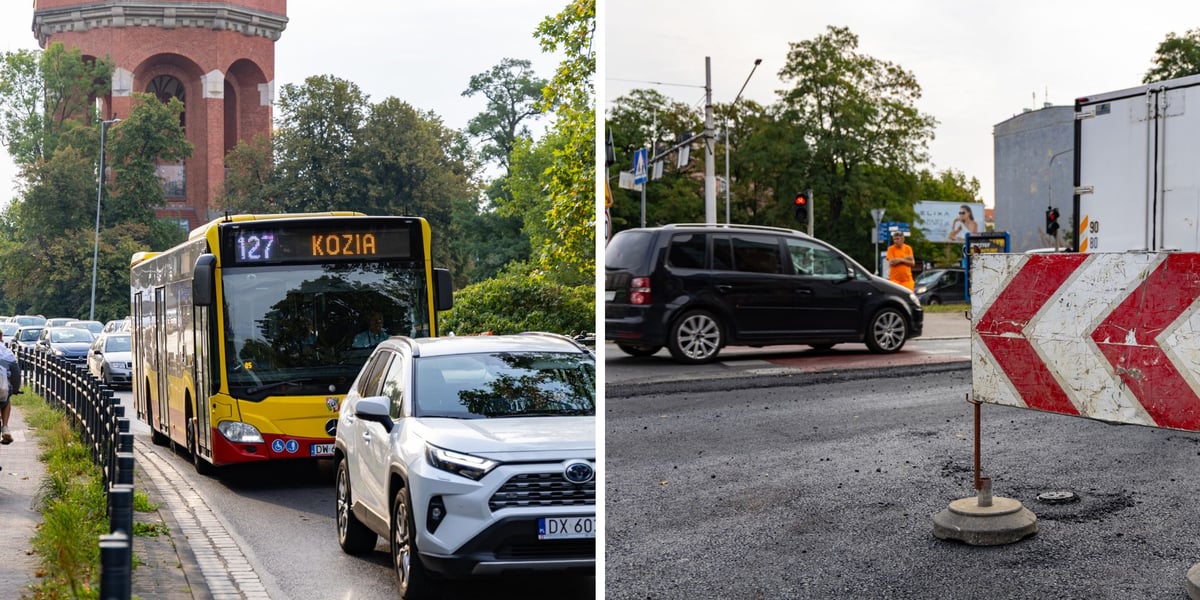 zdjęcia z Al. Wiśniowej: autobus stojący w korku (w tle wieża ciśnień); barierka na tle remontowanego fragmentu jezdni, 17.08.2026 r.