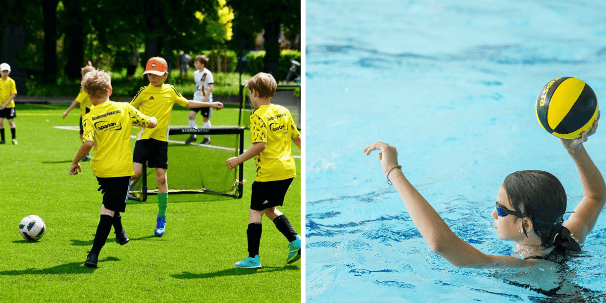 Kolaż 2 zdjęć przedstawiających półkolonie sportowe dla dzieci