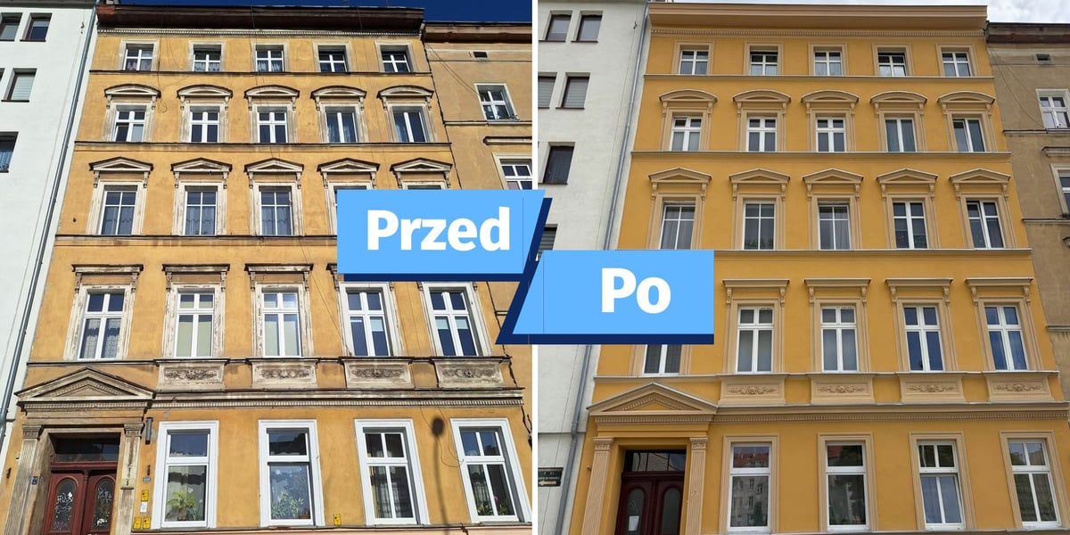 Zdjęcie podzielone na dwie części: z lewej - kamienica przy ul. Żeromskiego 5 przed remontem i nałożony napis "Przed"; z prawej - ten sam budynek z odnowioną elewacją frontową, na kadrze nałożony na pis "Po".