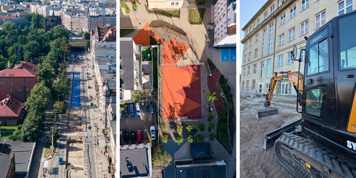 Zdjęcie podzielone na trzy części: z prawej - widok z drona na remontowany odcinek ul. Trzebnickiej; w środku - widok z drona na Podwórko Wszystkich Mieszkańców; z lewej - prace budowalne przy Zespole Szkół nr 1 przy ul. Słubickiej.