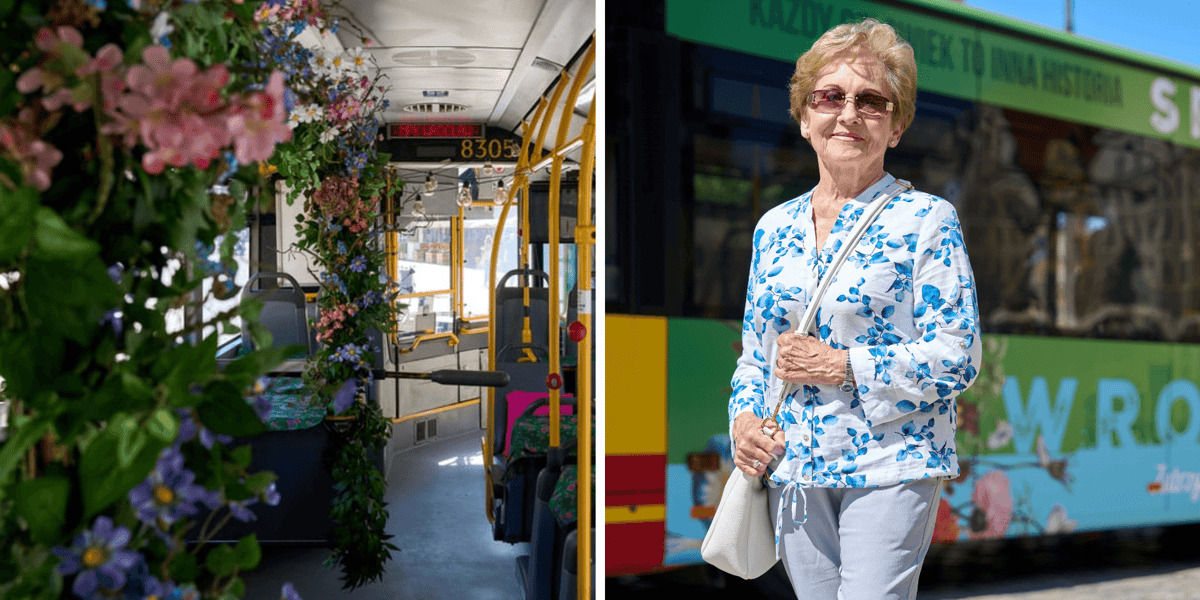 Kolaż 2 zdjęć. Z lewej wnętrze SILVERBUSA, z prawej Halina Nogaj, seniorka na jego tle. Zdjęcia powstały podczas konferencji prasowej  8 czerwca 2026 r.