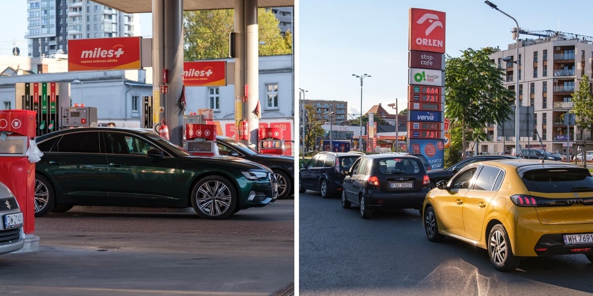 dwa zdjęcia, od lewej: samochody na stacji benzynowej przy dystrybutorze; kolejka do wjazdu na stację benzynową