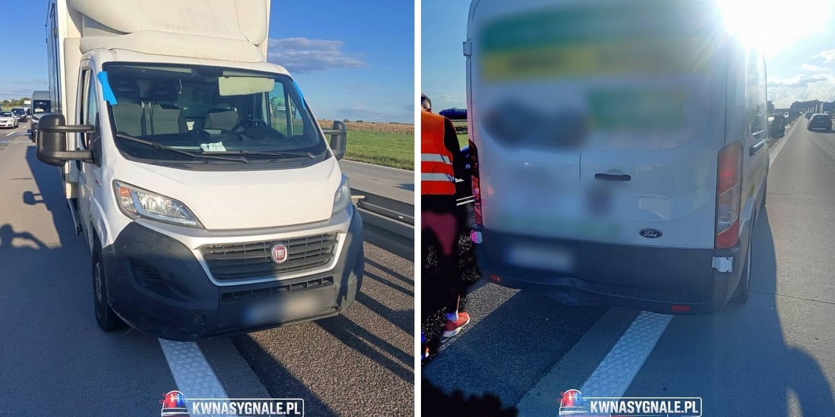 Dwa zdjęcia z kolizji na A4 w rejonie Pietrzykowic (uszkodzone pojazdy typu bus)