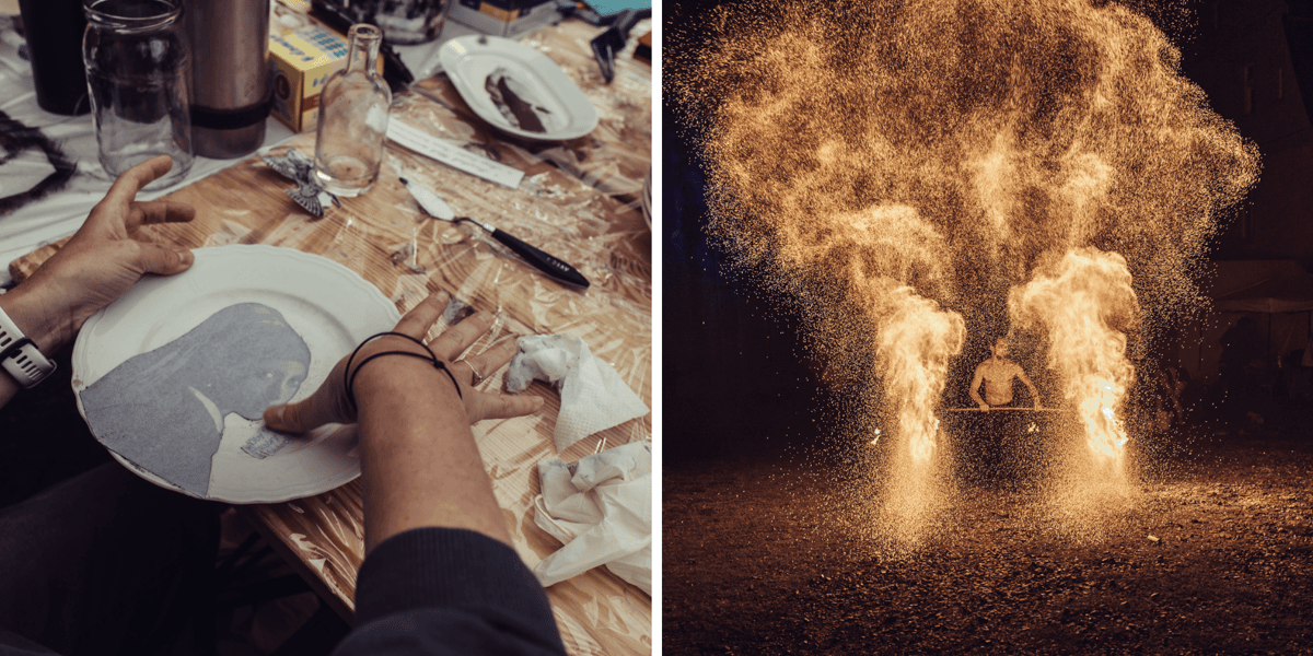 Kolaż 2 zdjęć przedstawiających poprzednią edycję wydarzenia: CeramikFest 2025. Z lewej warsztaty, z prawej fire show