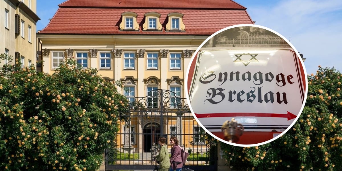 W tle - pałac królewski we Wrocławiu, siedziba Muzeum Miejskiego. W kółku - szyld Synagogi Wrocławskiej w gablocie Muzeum Miejskiego.
