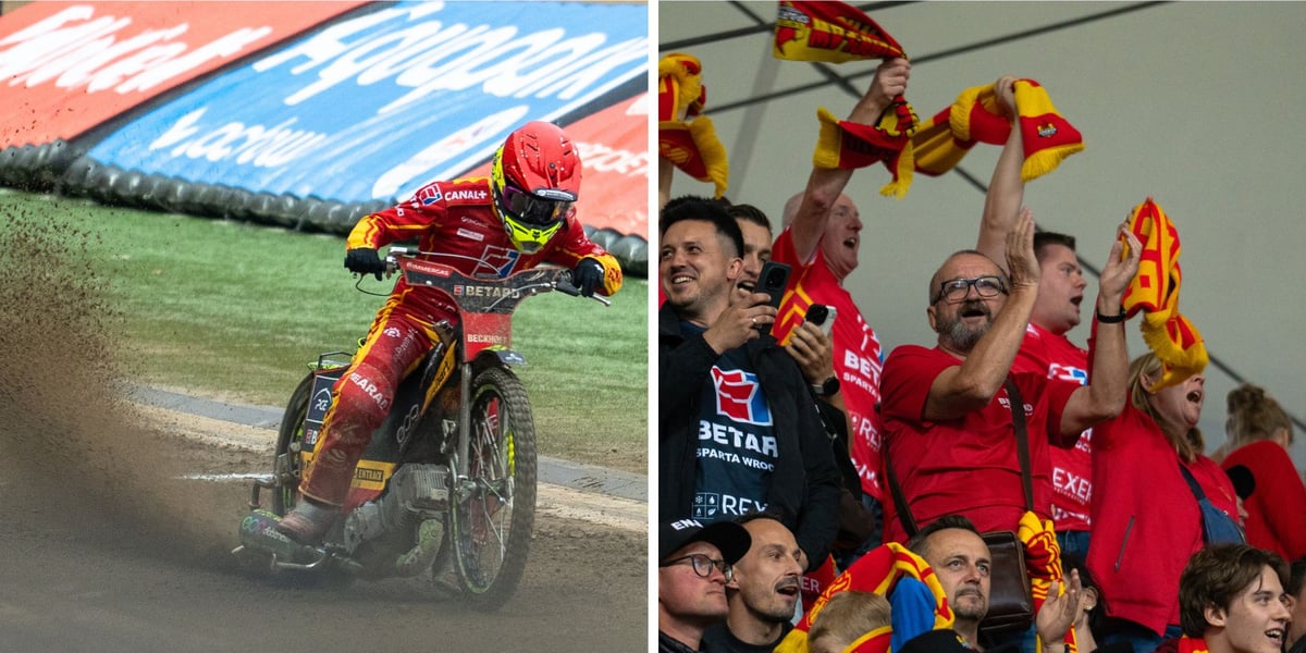 Zdjęcie podzielone na pół: z lewej - żużlowiec Betard Sparty Wrocław podczas startu na torze; z prawej - kibice Sparty na trybunach Stadionu Olimpijskiego cieszący się i kręcący szalikami.