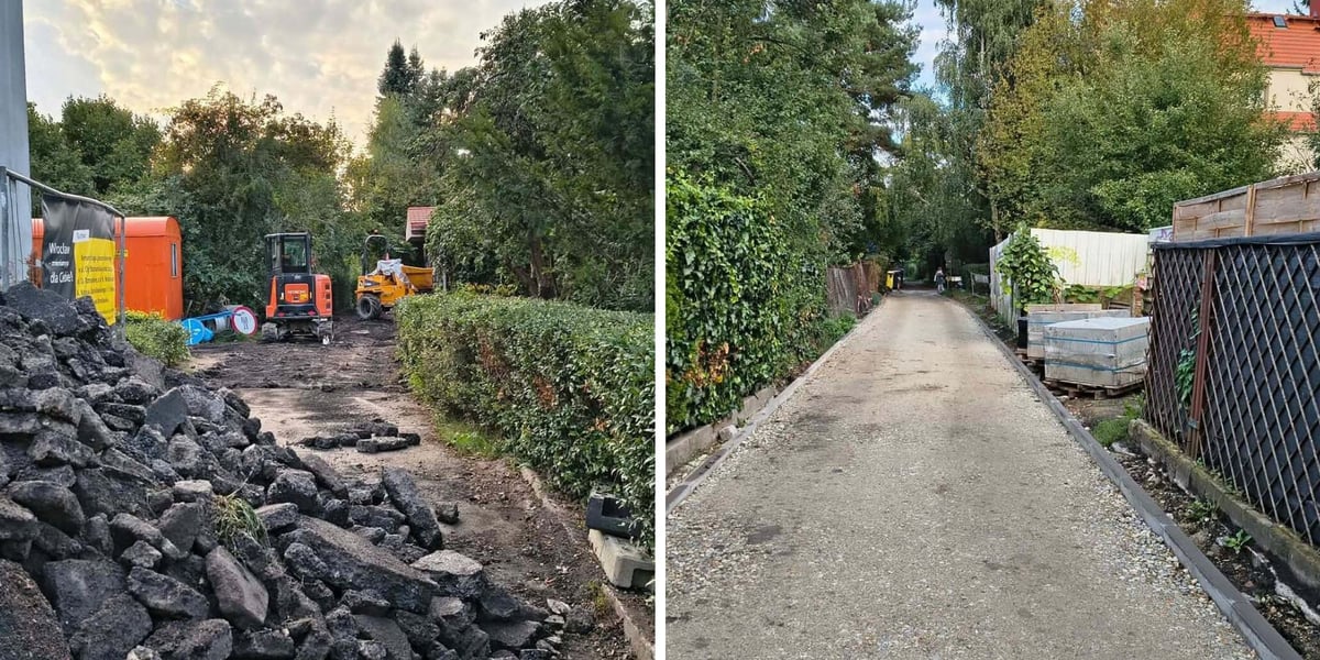 Zdjęcie podzielone na pół: z lewej - hałda starego zerwanego asfaltu na ul. Boznańskiej , w tle maszyny budowlane; z prawej - widok na odcinek ul. Boznańskiej z nową podbudową.