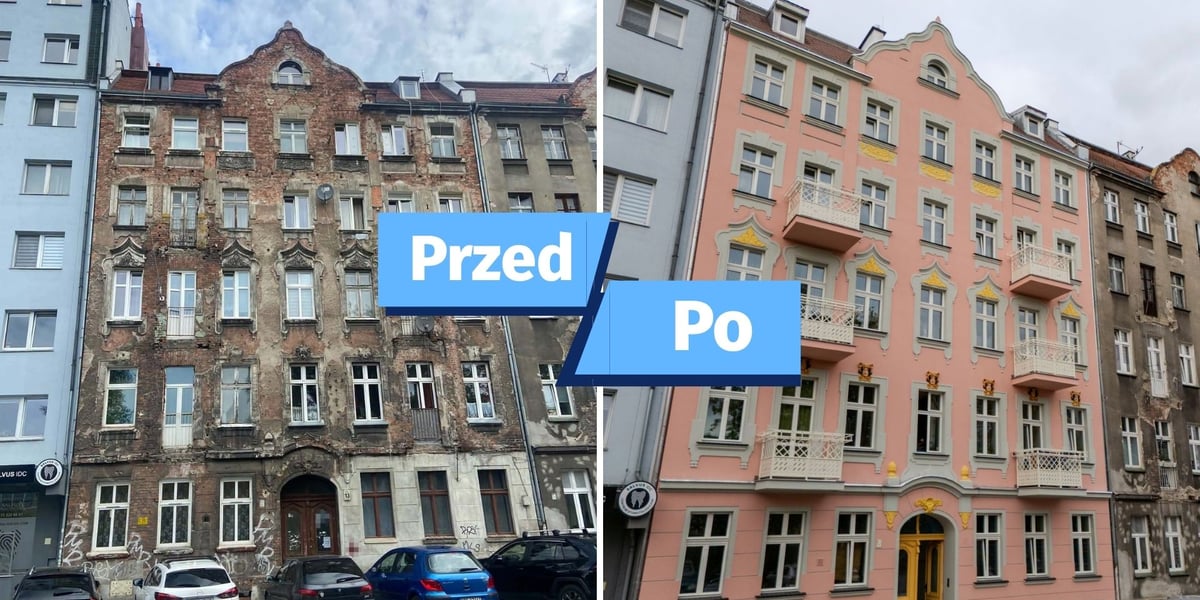 zdjęcia pokazujące stan kamienicy przed (szara odrapana elewacja) i po remoncie (zadbana elewacja w różowym kolorze)