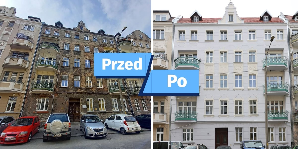 Zdjęcie podzielone na pół: z lewej widok na front kamienicy przy ul. Łódzkiej 29 przed remontem i nałożony napis "Przed"; z prawej - odrestaurowana fasada domu przy ul. Łódzkiej 29 i nałożony napis "Po".