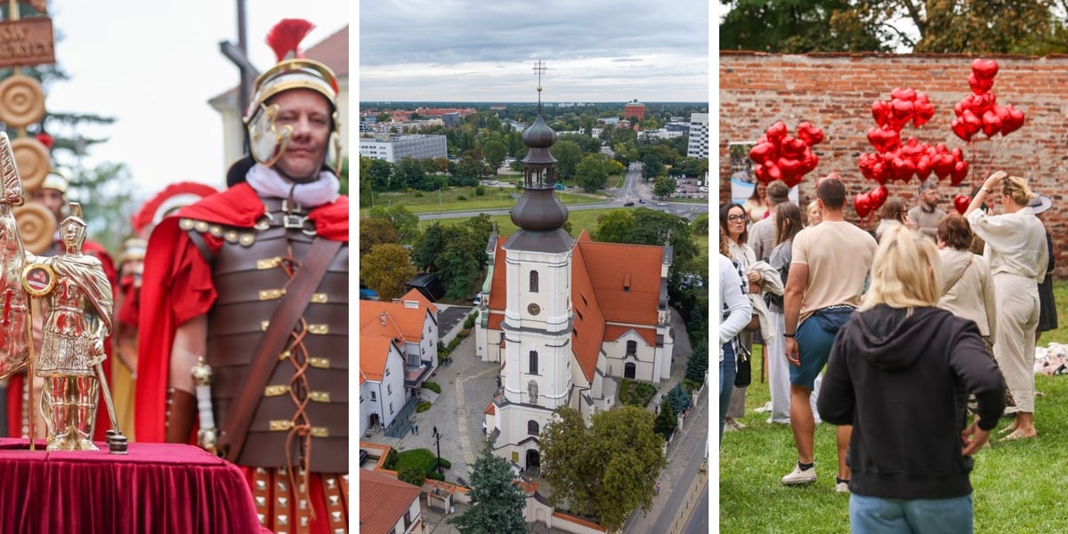 Na zdjęciu z lewej procesja z relikwiami św. Maurycego, w środku kościół św. Maurycego z lotu ptaka, z prawej piknik parafialny