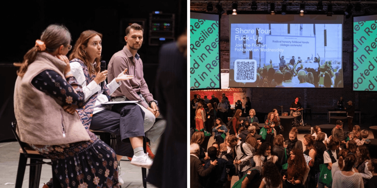 Uczestnicy Placemaking Week Europe na otwarciu w Piekarni Żywa Kultura przy ul. Księcia Witolda - zestawienie 2 zdjęć. 