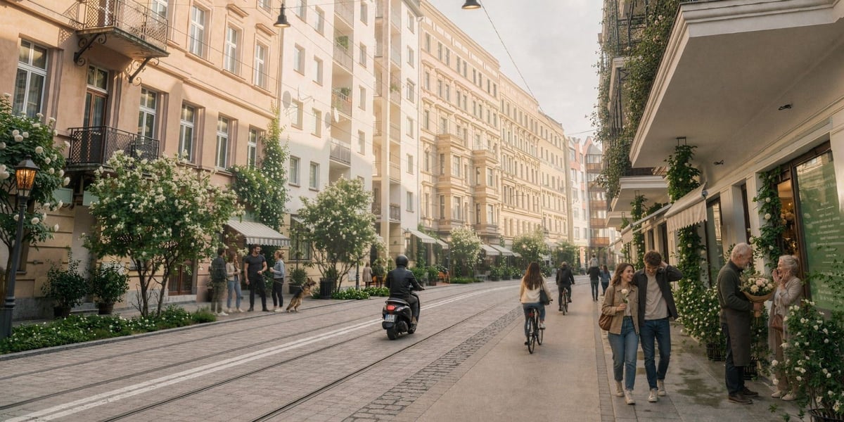 Tak ma wyglądać ulica Szczytnicka po przebudowie  - wizualizacja przedstawia pieszych oraz osobę jadącą na skuterze po wyremontowanej, pełnej zieleni ul. Szczytnickiej