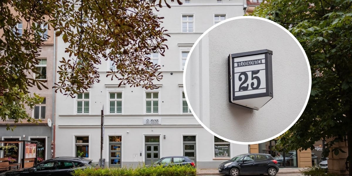 Kamienica przy ul. Włodkowica 25 we Wrocławiu; w kółku: plafon z adresem