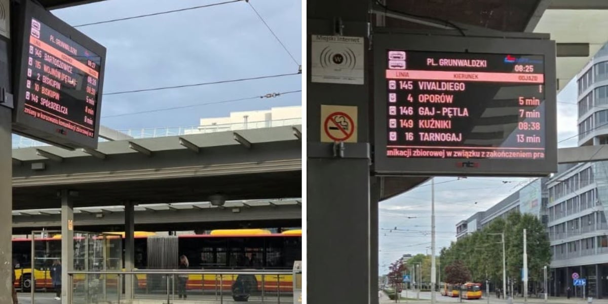 dwa zdjęcia przedstawiające testowane tablice z informacją o liniach i kierunkach odjazdu z danego peronu