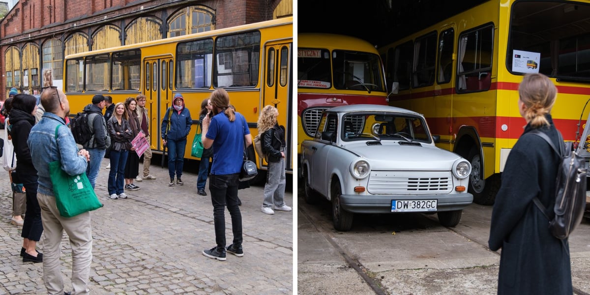 Zestawienie 2 zdjęć. Uczestnicy warsztatów Placemaking Week w Zajezdni Popowice. W tle widać autobusy i trabanta