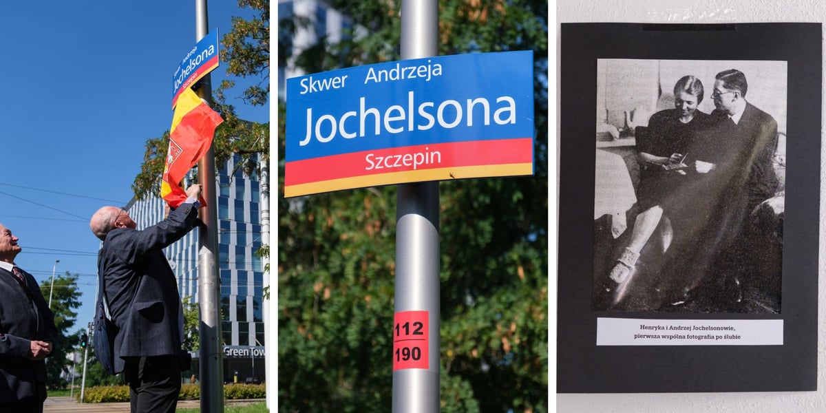 trzy zdjęcia: moment odsłonięcia tabliczki; tabliczka z napisem "Skwer Andrzeja Jochelsona/Szczepin"; zdjęcie Henryki i Andrzeja Jochelsonów na wystawie w kamieniczce "Małgosia"