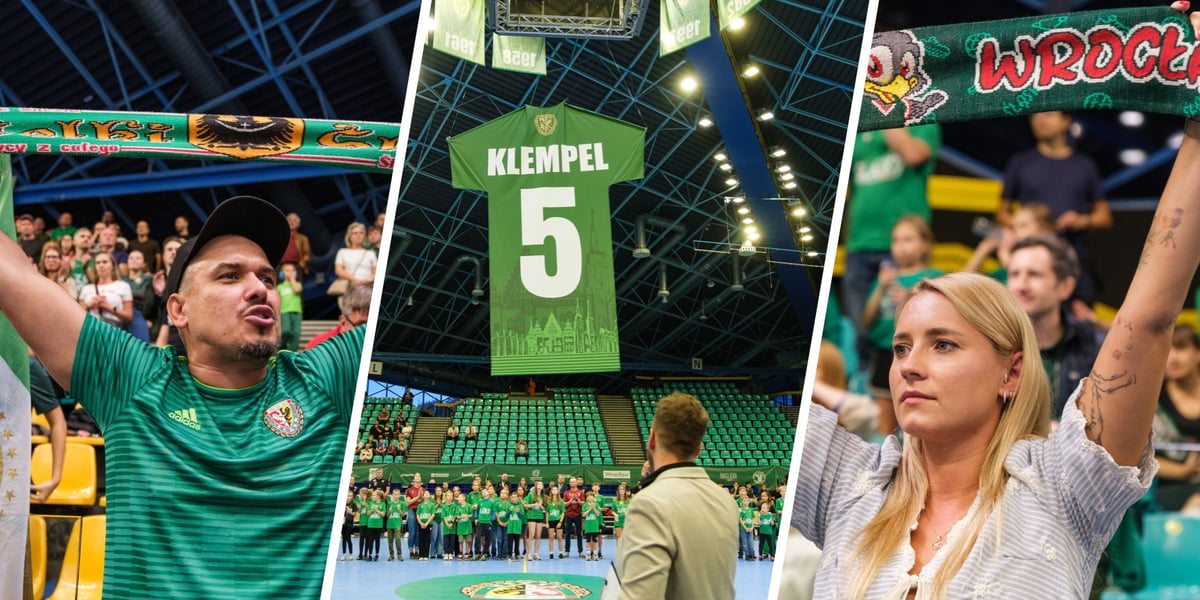 Kobieta i mężczyzna z szalikami nad głowami podczas meczu Śląska z Gwardią w Orbicie, zielona koszulka Jerzego Klempela wciągana pod sufit hali (27 września 2026)