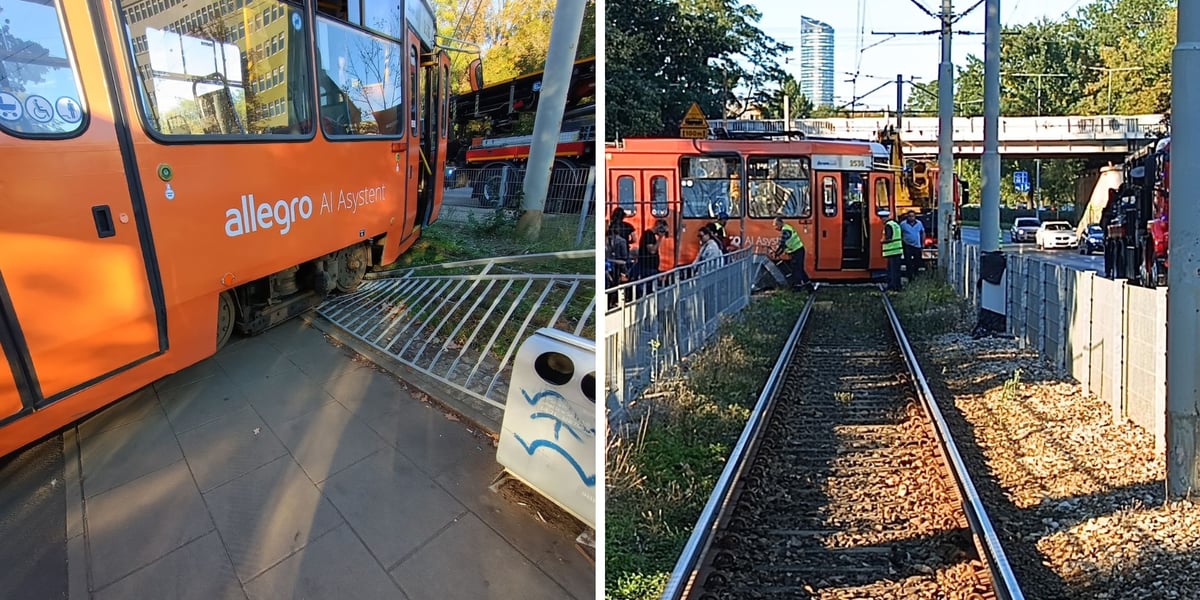 dwa zdjęcia: tramwaj wypadł z torów i uszkodził barierkę