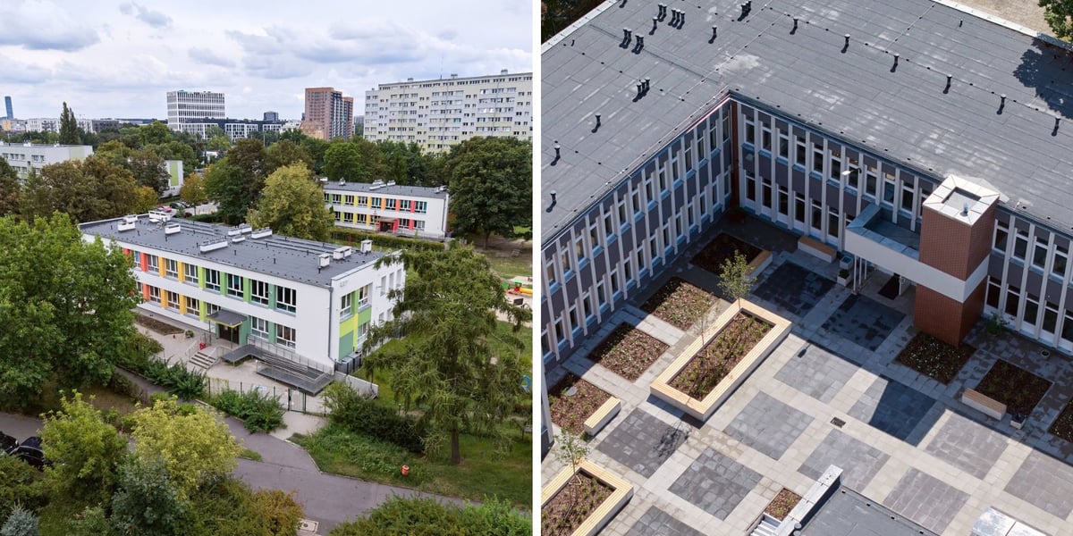 Z lewej Przedszkole nr 104, z prawej Liceum nr VIII - obie placówki po remoncie