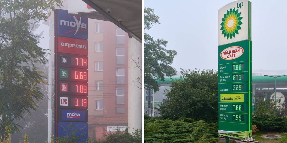 Zdjęcie podzielone na pół: z lewej pylona cenami na stacji sieci Moya: z prawej - pylon z cenami na stacji sieci BP we Wrocławiu - 3 października 2026 r. rano.