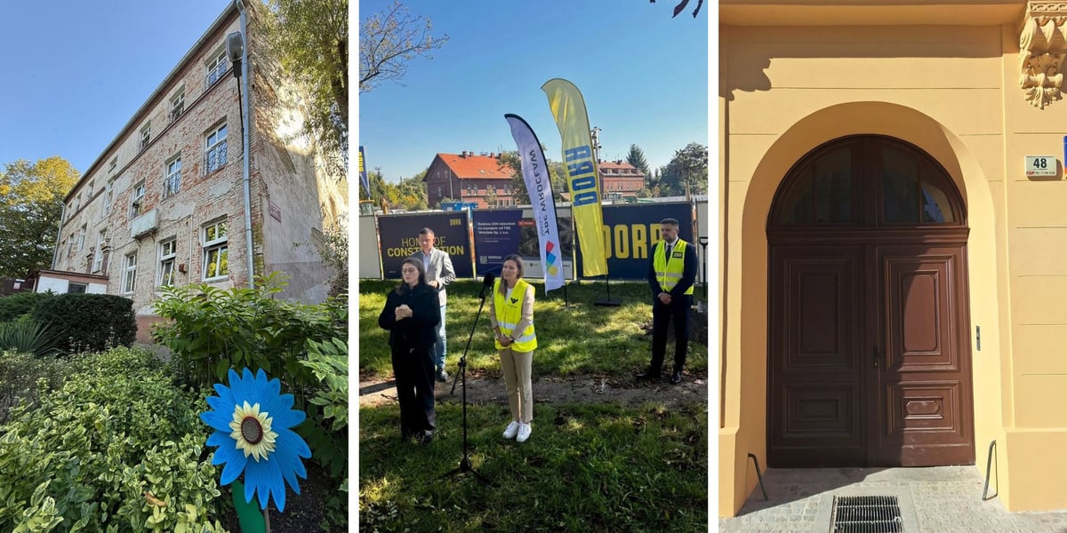 Rośliny przed remontowaną placówką oświatową | widok na plac budowy TBS-ów na Brochowie | wyremontowany portal kamienicy przy ul. Pomorskiej 48.