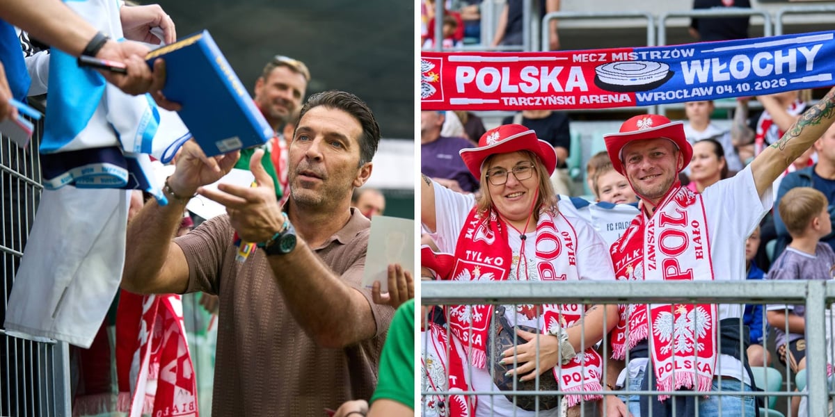 Gianluigi Buffon rozdający autografy | kibice z szalikami na trybunie Tarczyński Areny, Mecz Mistrzów, 4 października 2026