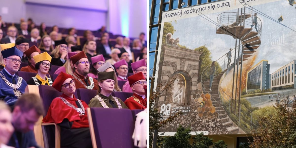 dwa zdjęcia: przedstawiciele władz wydziału w charakterystycznych strojach z kolorowymi biretami na głowach; fragment muralu przedstawiający skierowane ku górze schody na tle budynków uczelni i napis "Rozwój zaczyna się tutaj".