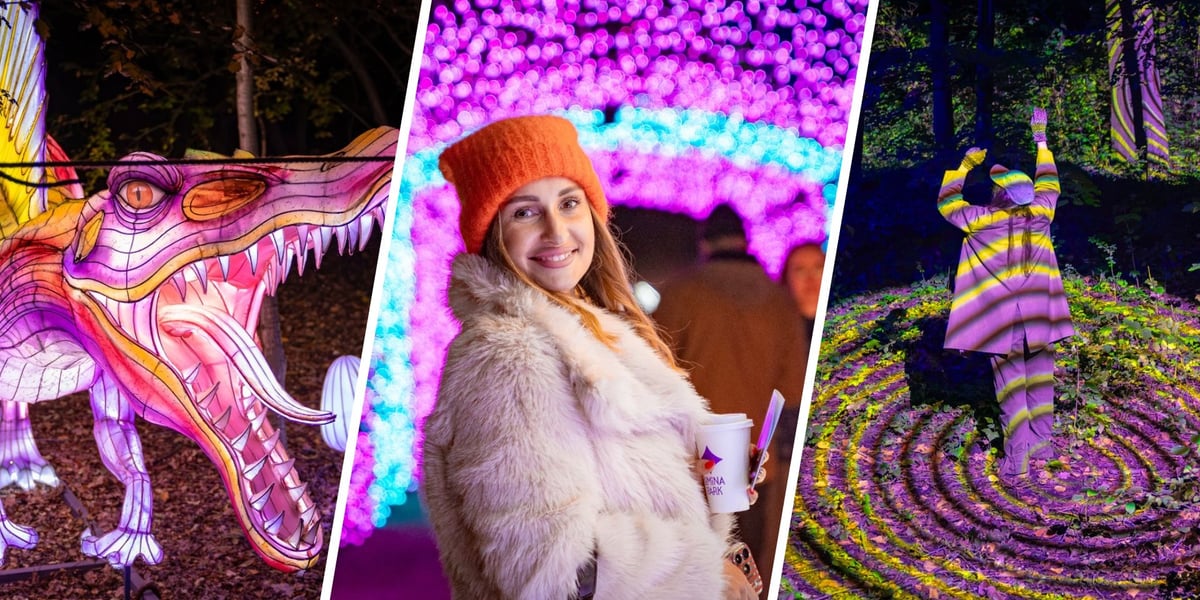 Lumina Park Wrocław 2026 r. Zestawienie 3 zdjęć, z lewej podświetlony dinozaur, w środku uśmiechnięta kobieta na tle iluminacji