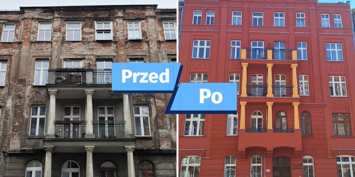 Zdjęcie podzielone na pół: z lewej - fasada kamienicy przy ul. Żeromskiego 21 przed remontem z nałożonym napisem "Przed"; z prawej - ta sama kamienica od frontu po odnowieniu z nałożonym napisem "Po".