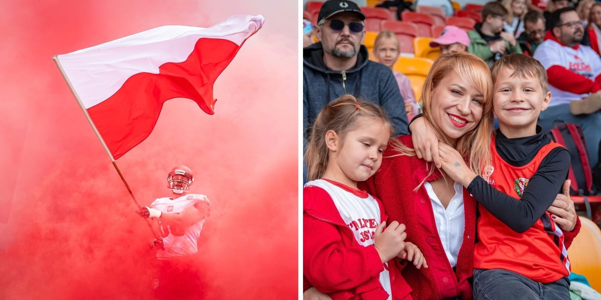 Mecz futbolu amerykańskiego Polska - Włochy na Stadionie Olimpijskim we Wrocławiu - 10.10.2026 r. Z lewej futbolista reprezentacji Polski z biało-czerwoną flagą, z prawej kobieta z dziećmi dopingują na trybunach 