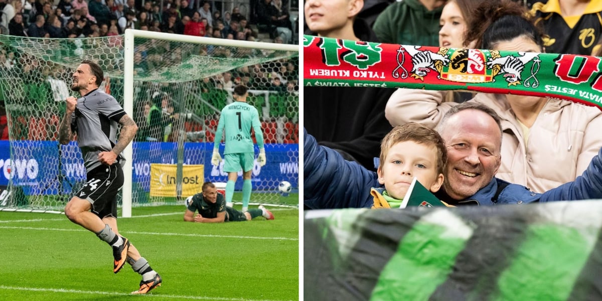 Mecz Śląsk Wrocław - Lech Poznań na Tarczyński Arenie - 10.10.2026 r. Na zdjęciu z lewej Filip Jagiełło cieszy się po zdobytym golu dla Lecha, z prawej uśmiechnięci kibice dopingujący WKS.