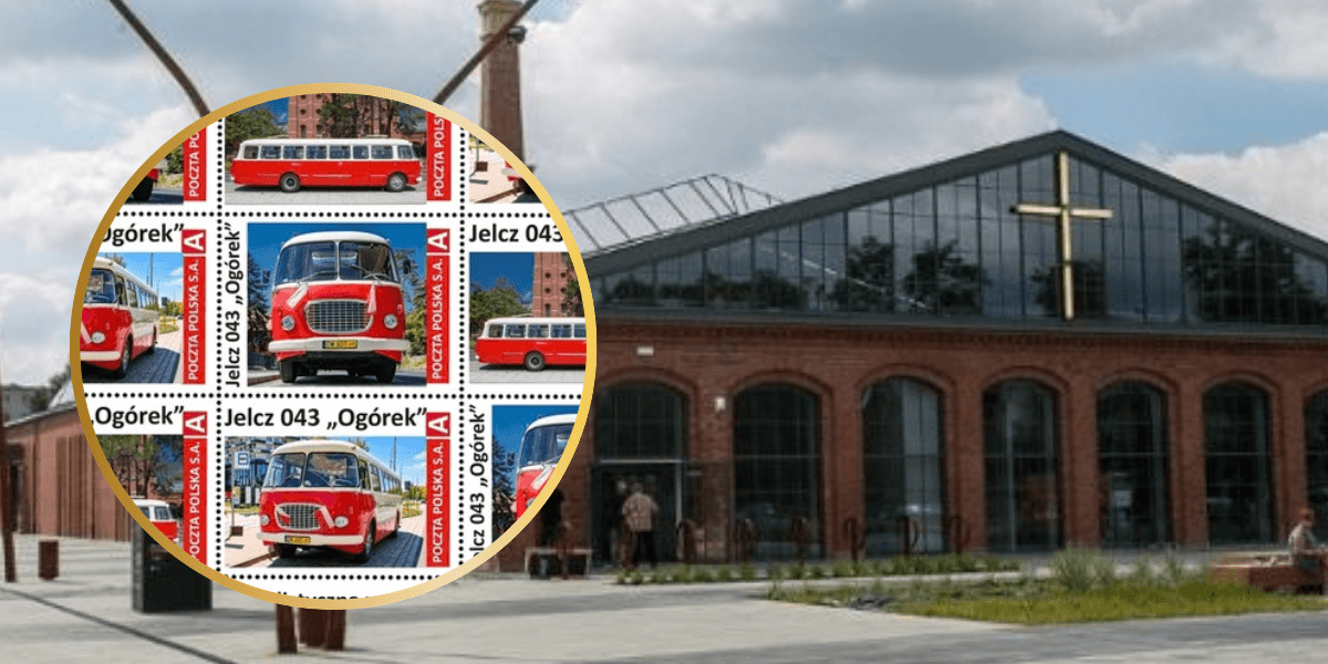 Kolaż 2 zdjęć: CH Zajezdnia we Wrocławiu, w którym odbędzie się Jubileuszowa Krajowa Wystawa Filatelistyczna, w kółku fragment arkusza znaczków z autobusem Jelcz.
