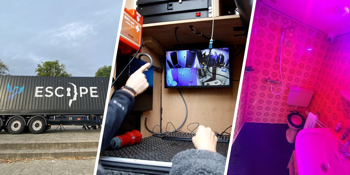 trzy zdjęcia: czarna naczepa ciężarówki z napisem "escape"; monitor z podglądem pomieszczeń w escape room'ie; wnętrze escape room'u - widok na łazienkę oświetloną różowym światłem