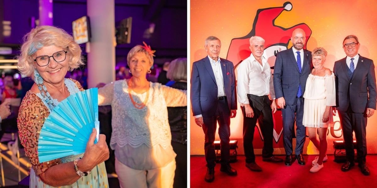 Bal Seniora na Tarczyński Arenie 13 października 2026 roku. Na zdjęciu z lewej tańczące uśmiechnięte seniorki, na zdjęciu z prawej seniorzy pozują do zdjęć m.in. z prezydentem Wrocławia Jackiem Sutrykiem i Jerzym Skoczylasem