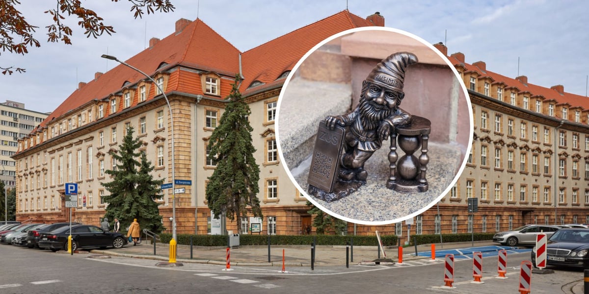 Gmach ZUS przy ul. Bernarda Pretficza. W kółku nowy krasnal ZUSimir