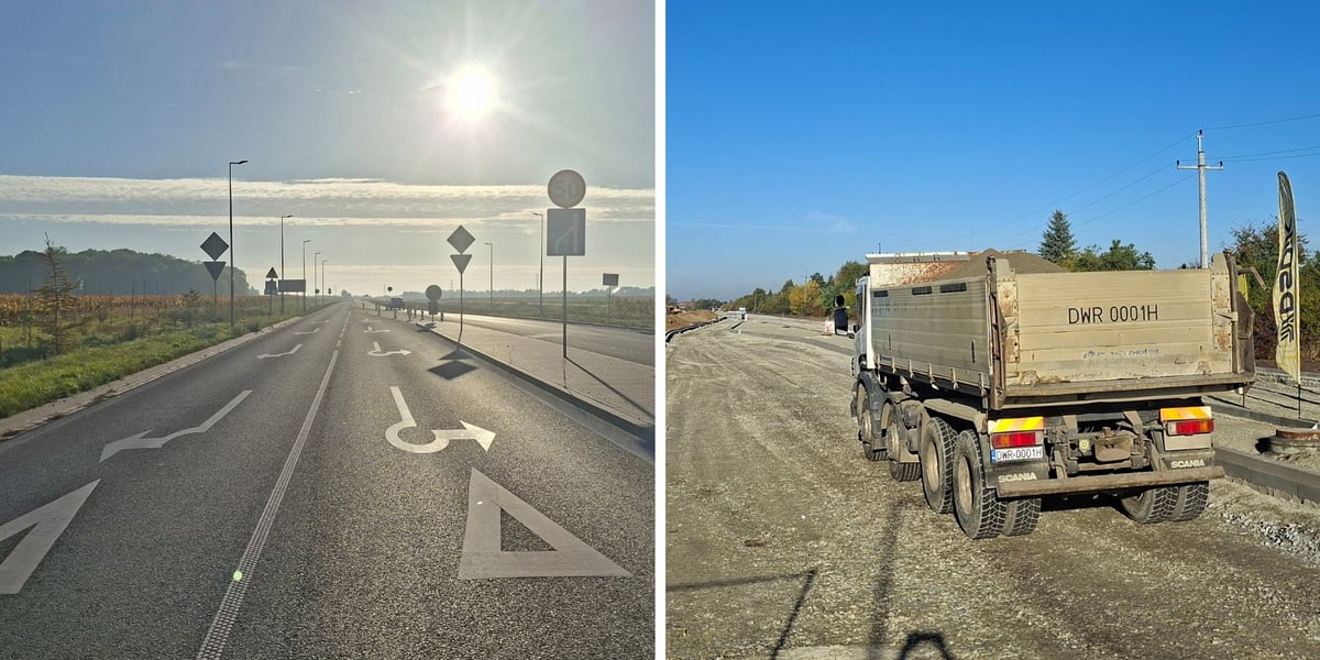 dwa zdjęcia: gotowy odcinek Wschodniej Obwodnicy Wrocławia (koniec trasy na rondzie w ciągu ul. Grota-Roweckiego); ciężarówka wjeżdża na budowany obecnie odcinek WOW w kierunku Bielan Wrocławskich