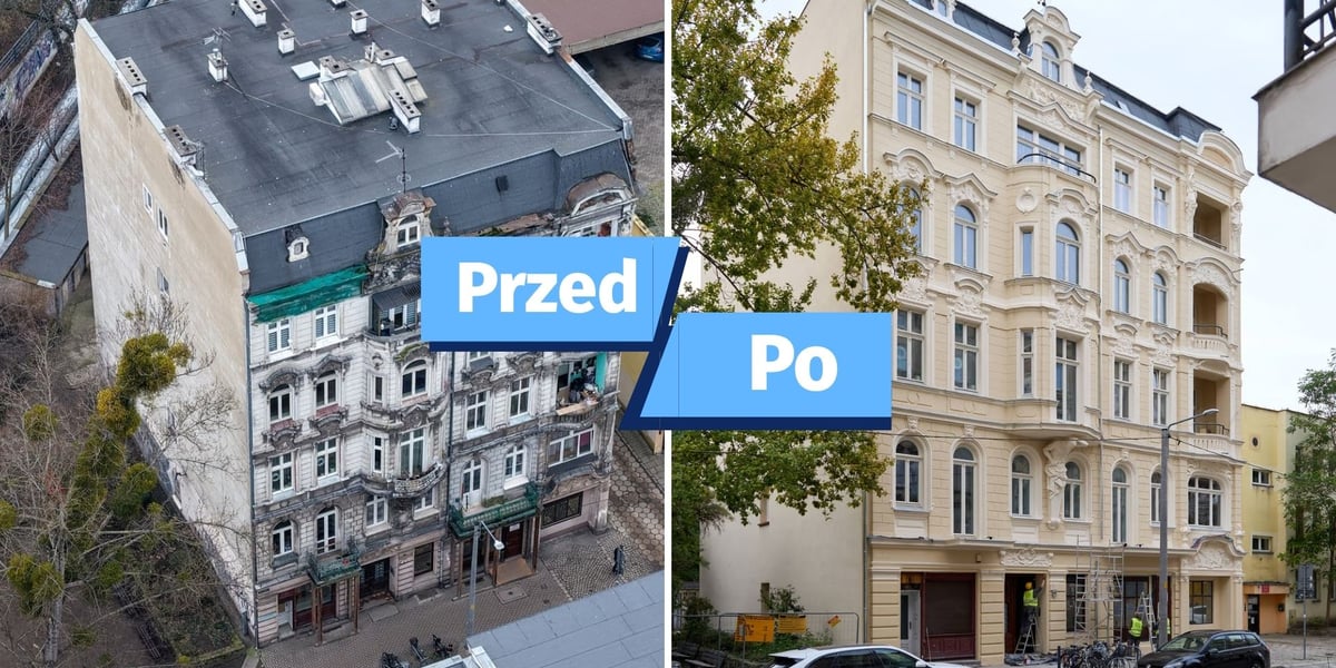 Elewacja frontowa kamienicy przy ulicy Wysokiej 4 – z lewej zdjęcie przed remontem, z prawej efekt po 