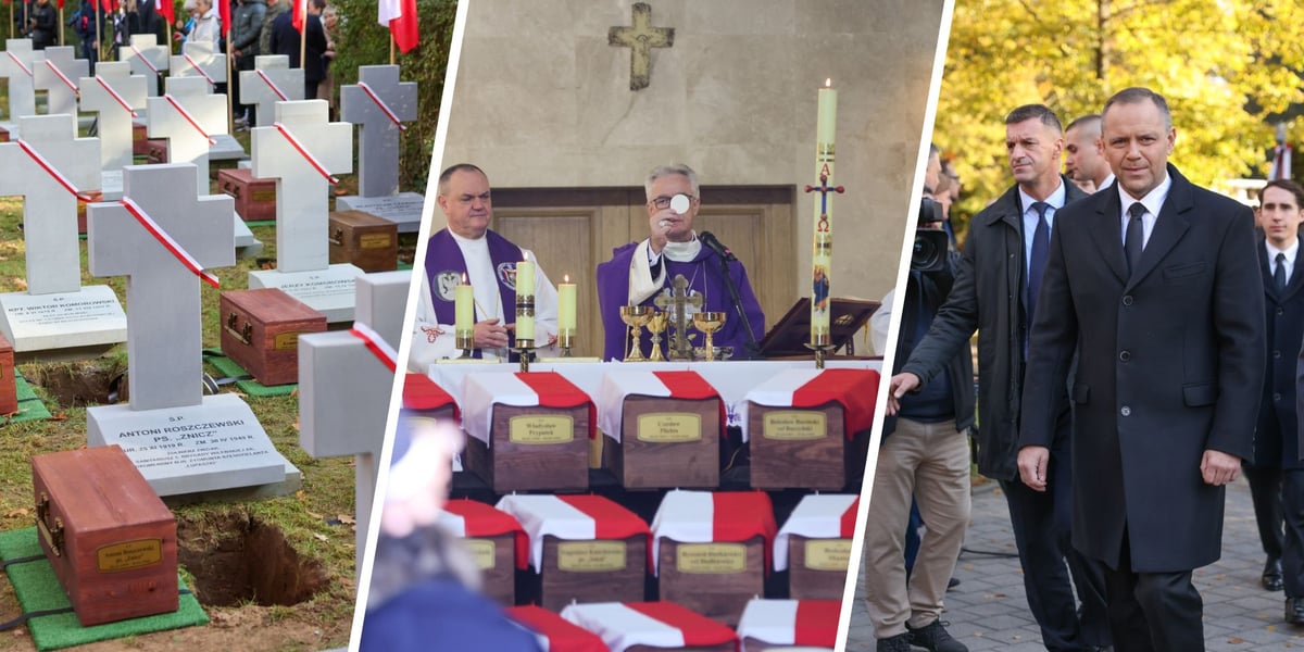 Trzy zdjęcia: trumny ustawione obok nagrobków z krzyżem i biało-czerwoną szarfą; biskup Wiesław Lechowicz podczas podniesienia na mszy świętej w kaplicy; prezydent Karol Nawrocki idzie do kaplicy na Cmentarzu Osobowickim.