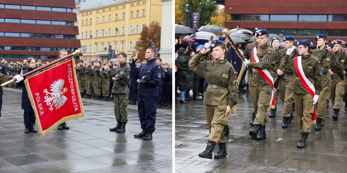 dwa zdjęcia: dwóch kadetów (młodzi mężczyźni w mundurach w typie wojskowym i policyjnym) składają ślubowanie przed sztandarem; młoda kobieta prowadzi grupę w mundurach wojskowych