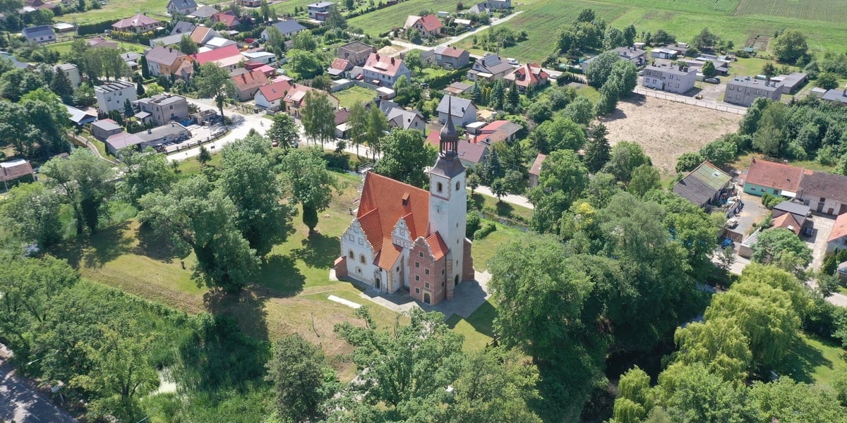 Kościół pw. Świętej Trójcy w Żórawinie. Widok z lotu ptaka