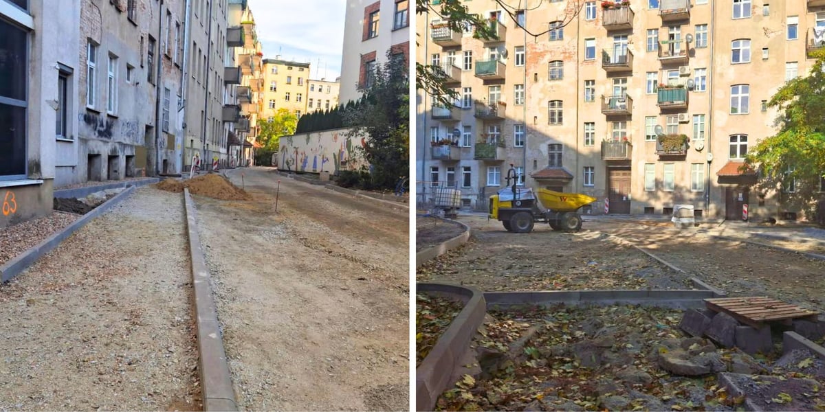 Zdjęcie podzielone na pół: z lewej - widok na budowę nowych chodników przy budynkach na podwórzu między ulicami ulicami Kościuszki, Pułaskiego, Komuny Paryskiej i Prądzyńskiego; z prawej - budowa drogi wewnętrznej i chodników na tym samym podwórzu - w tle widoczna maszyna budowlana i kamienica.