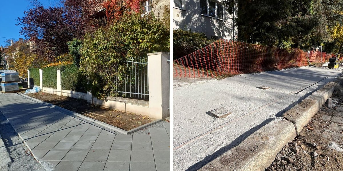 dwa zdjęcia z placu budowy: miejsce, w którym ułożone zostały już nowe płyty chodnikowe oraz miejsce, gdzie dopiero przygotowano podłoże pod płyty