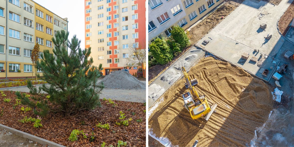Zdjęcie podzielone na pół: nowe klomby ze świeżymi  nasadzeniami roślin a podwórku między ulicami Hallera, Stalowowolską, Połaniecką i Mielecką; z prawej - widok z drona na fragment tego podwórka, gdzie trwają prace ziemne przy użyciu koparki.
