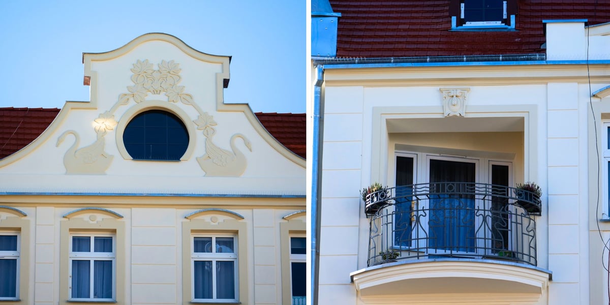 Zdjęcie podzielone na pół: z lewej secesyjne ornamenty na szczycie wyremontowanej kamienicy przy ul. Brzeskiej 31; z prawej - kuta balustrada balkonowa w tym samym budynku.