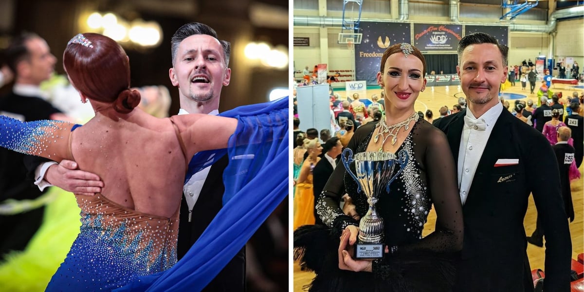 Ewa i Michał podczas tańca | Ewa i Michał pozują z pucharem za Mistrzostwo Świata WDO w tańcach standardowych w Mediolanie, październik 2026