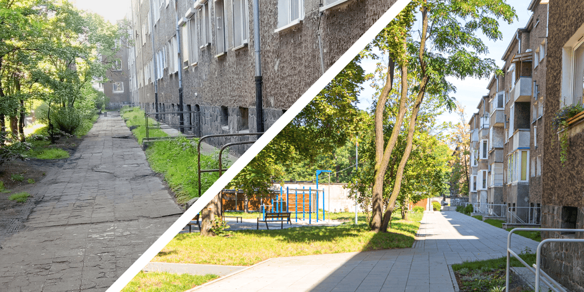 Podwórko oblane zielenią przy ul. Krzywoustego