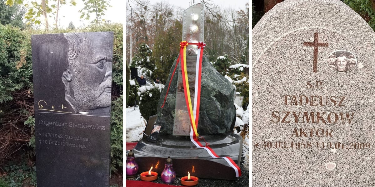 Od lewej grób artysty grafika - Eugeniusza Geta Stankiewicza na Cmentarzu Osobowickim, obok grób reżysera Sylwestra Chęcińskiego na Cmentarzu Grabiszyńskim, z prawej grób aktora Tadeusza Szymkowa na Osobowickim